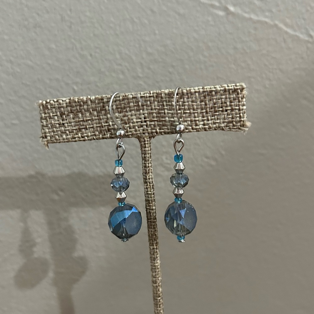 Light Blue & Silver Toned Beaded Dangling Earrings